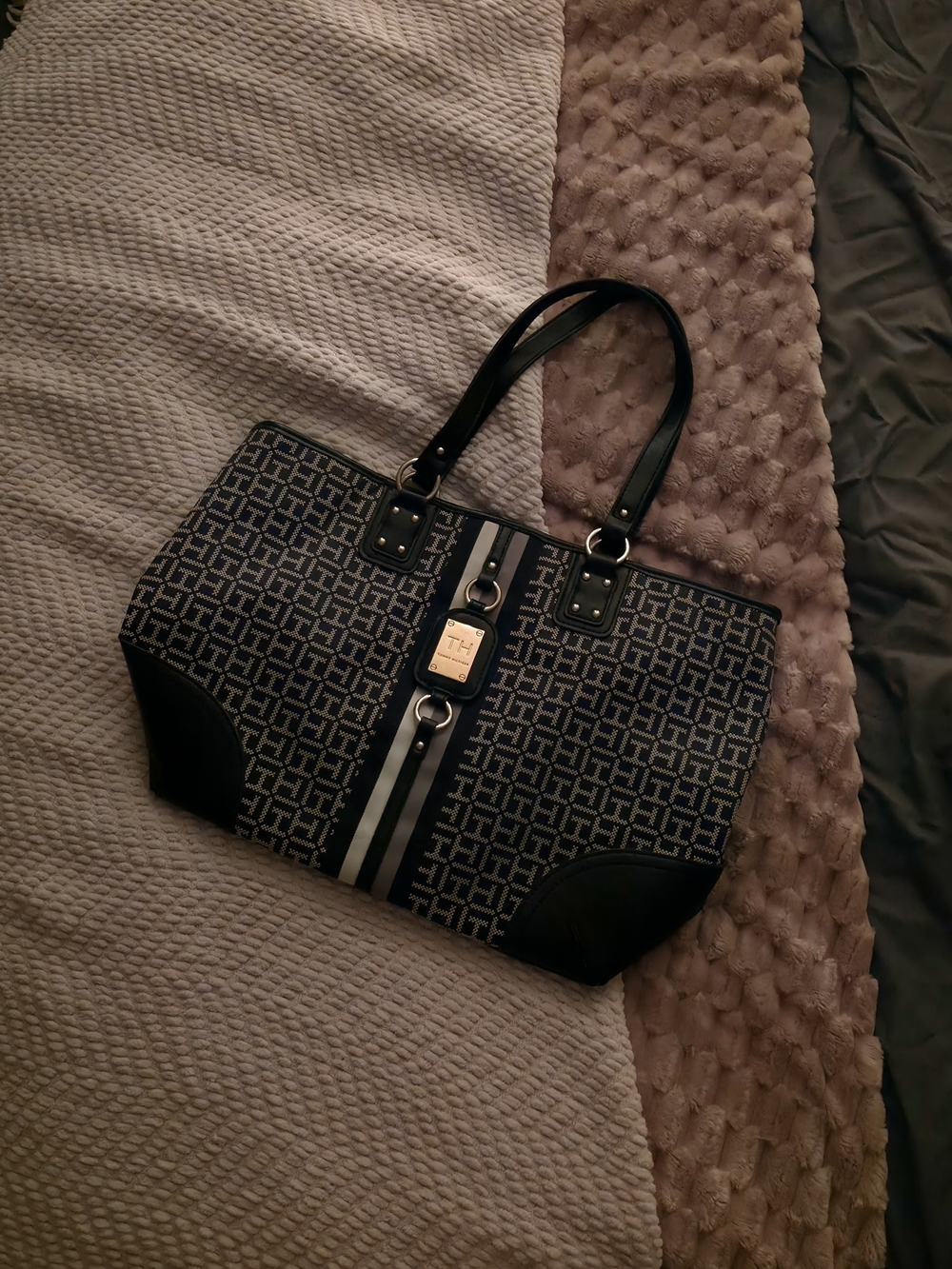 Tommy Hilfiger Black and White Monogram Tote with Striped Accent